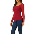 thumbnail image 4 of INSPIRE CHIC Women's Square Neck Blouses Sheer Mesh Long Sleeve Slim Fit Textured Ruched Top L Red, 4 of 6