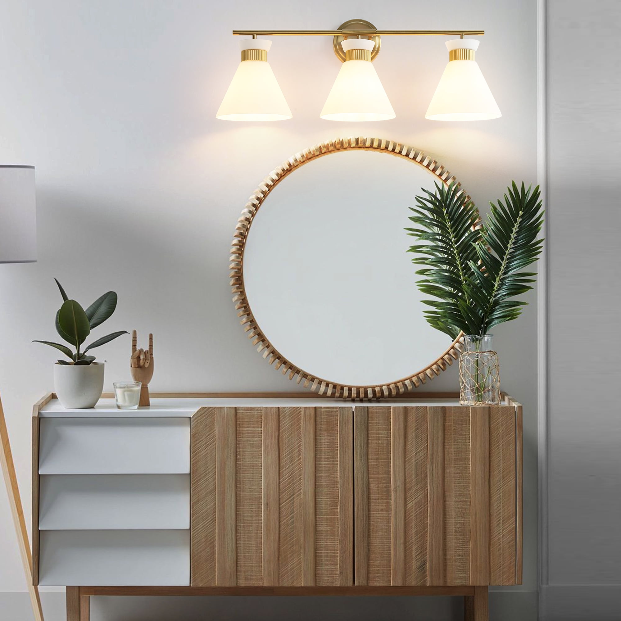 3-Lights Vanity Lights for Bathroom Gold Wall Sconce Lighting with Frosted Milky Glass for Over Mirror Bedroom Hallway
