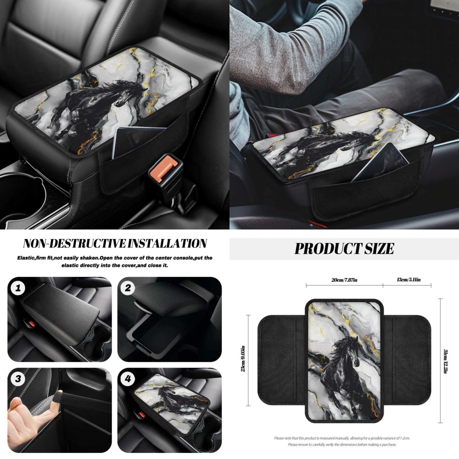 Renewold Black Horse Marble Car Seat Covers Front Rear Full Set Steering Wheel Seat Belt Pads Coasters Waste Bin Armrest Pad Cup Holders Rearview Mirror Handbrake Cover Set, 14 Pack