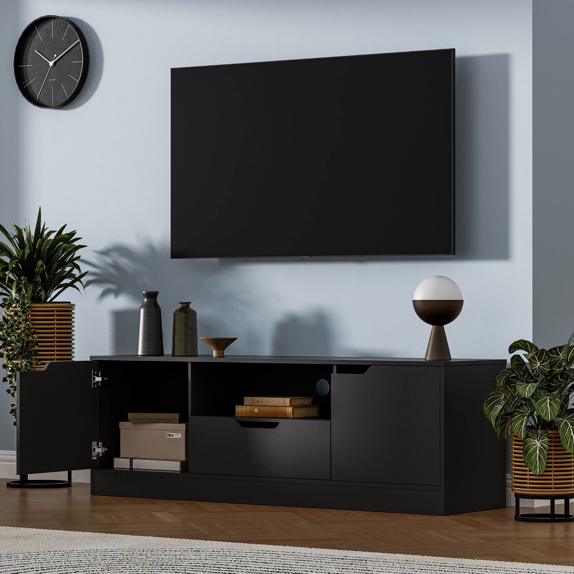 Modern TV Stand for 55/60/65 Inch TV, Media TV Console Table with 2 Doors & Drawer, Entertainment Center with Storage Cabinet for Living Room, Bedroom, Black