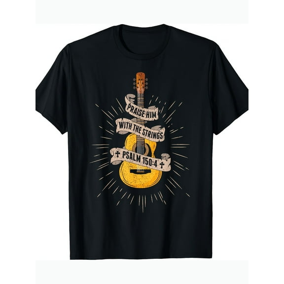 Praise Him With The Strings Jesus Acoustic Guitar Christian T-Shirt220g