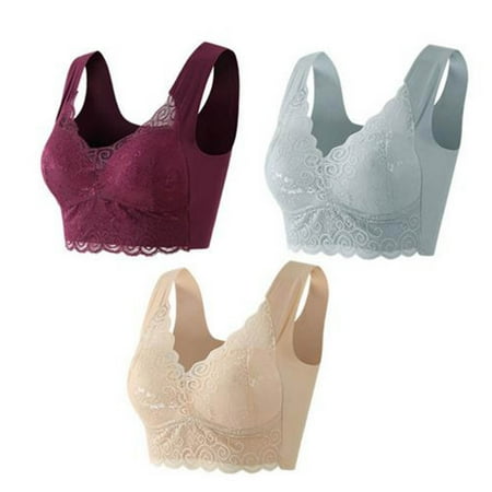 JSGEK Trendy Fashion Plus Size Bra Wirefree Comfort Support and Lift without Steel Ring Lace Trim Push up Plunge Clearance Beige 3X-Large Bra for Ladies