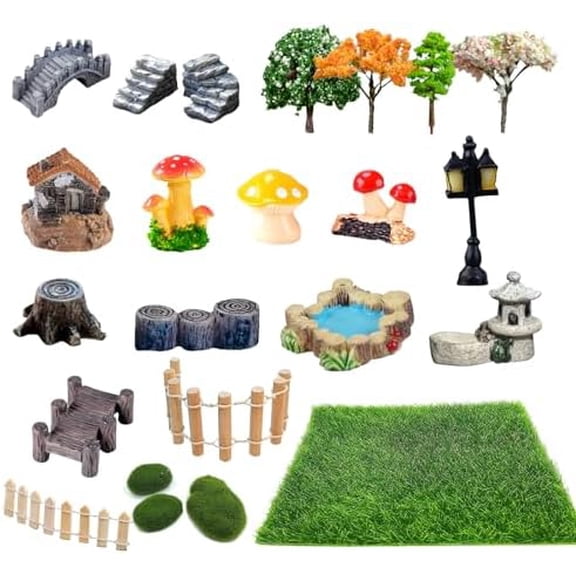 23 Pcs Fairy Garden Miniatures Jumping Spider Enclosure Accessories, Mini Bridge Fence Pond Street Lamps Mushroom Lawn Figurines Garden Decorations for Jumping Spider Habitat$$Garden & Patio
