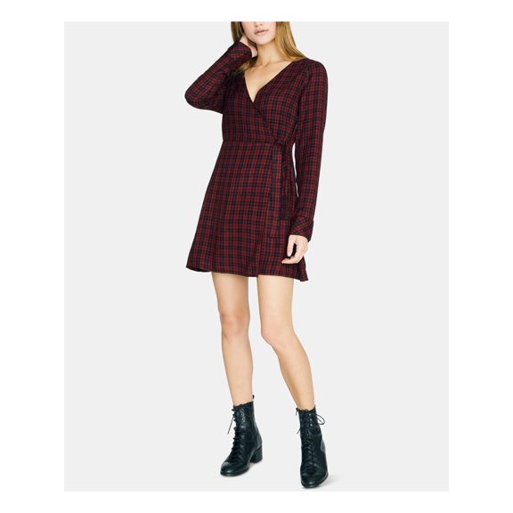 SANCTUARY Womens Red Belted Plaid Long Sleeve V Neck Mini Wrap Dress 0