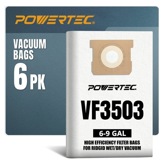 POWERTEC 6PK VF3503 Size B Shop Vac Bags for Ridgid, 6-9 Gal. 40153 Vacuum Bags for Ridgid HD9000 & Workshop WS32090F2 Wet Dry Vac, 75016-P3