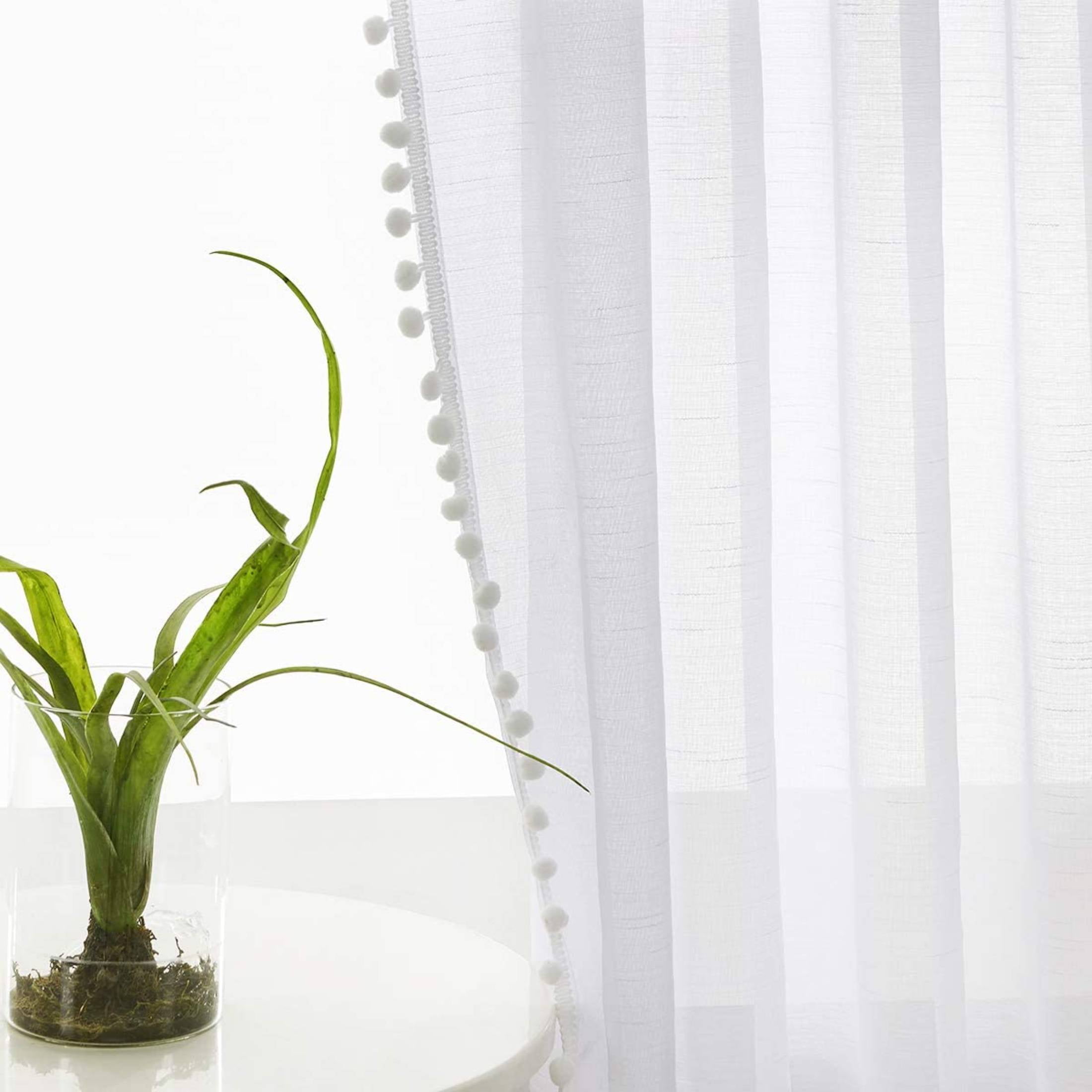 Exultantex White Pom Pom Linen Curtains 95 Inch Long Sheer Panels Elegant Decorative Voile for Living Room,Rod Pocket