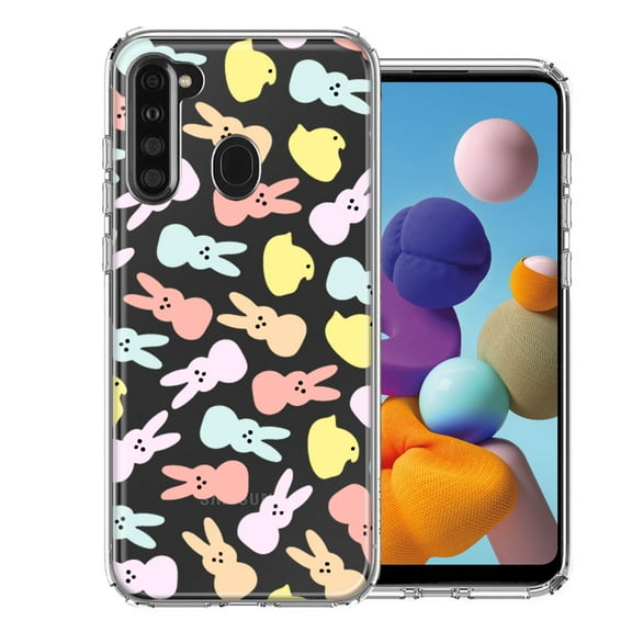 MUNDAZE for Samsung Galaxy A21 Pastel Easter Polkadots Bunny Chick Candies Double Layer Phone Case Cover