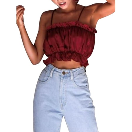 Crop Tops for Women Bardot Elastic Frill Casual Cami Tank Tops Sleeveless Halter Backless Shirt Strappy Vest Blouse