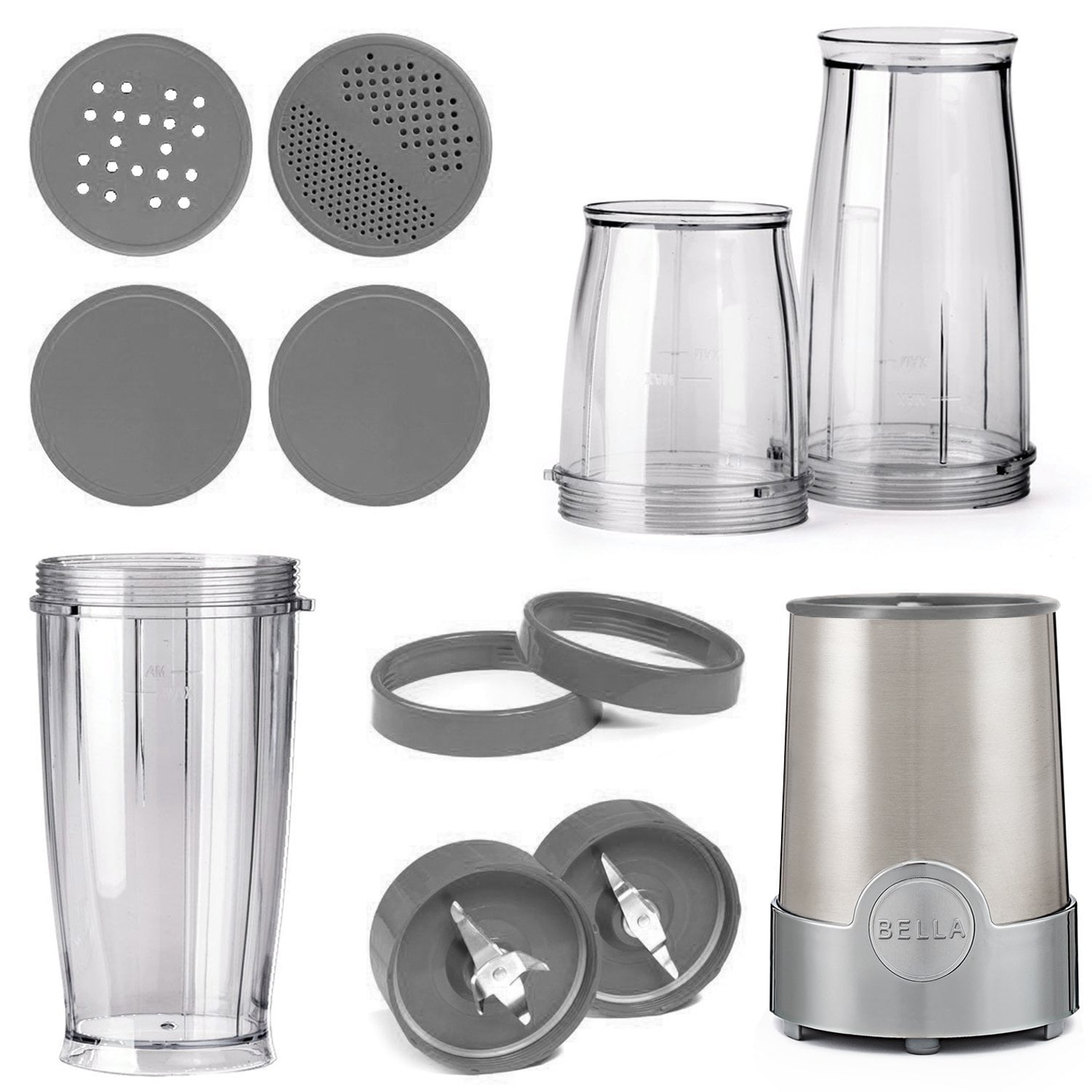 BELLA Personal Size Rocket Blender, 12 piece set, color stainless steel and  chrome 