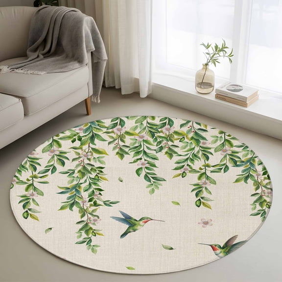 Round Area Rug 3 Ft, Spring Botanical Washable Non-Slip Circle Carpet for Living Room/Bedroom, Watercolor Leaves Flowers Birds Beige Low-Profile Small Floor Mats Collection Rugs for Indoor