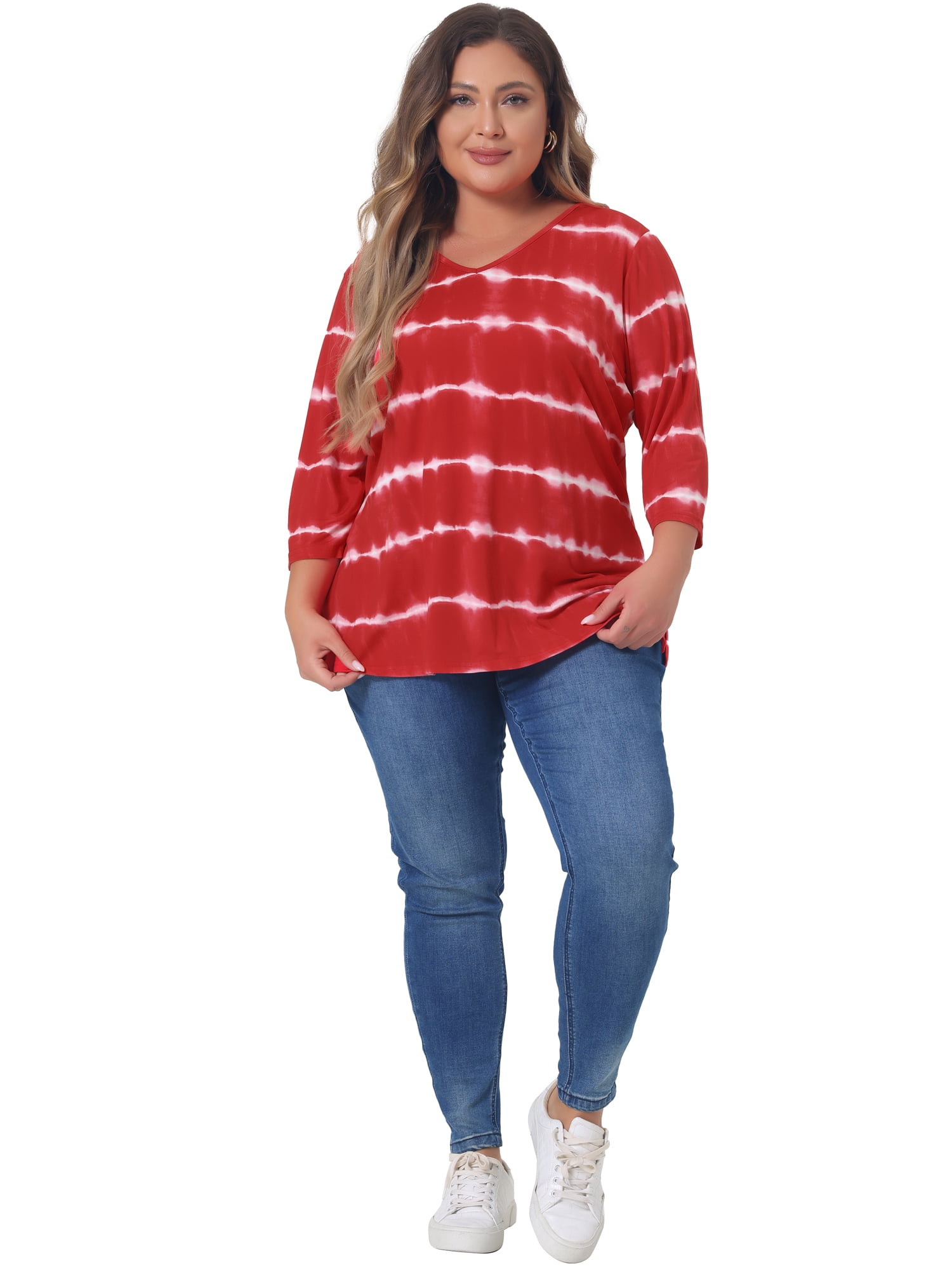 DARING DIVA Women's Plus Size V Neck 3/4 Sleeve Striped Tie Dye Blouse 1X Red