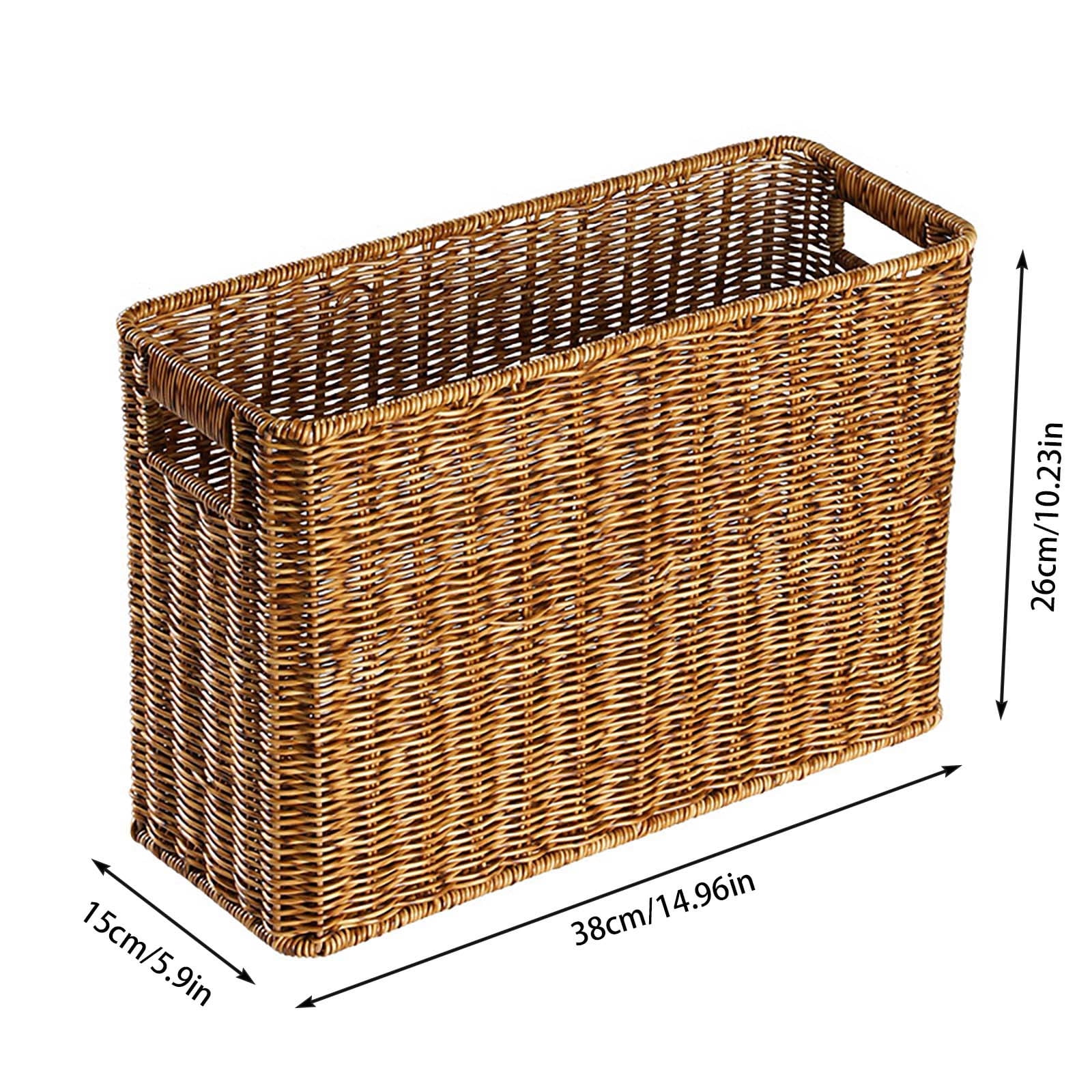 Brown Woven Leather Magazine Holder | Storage Basket with Handles for Office Living Room or Bathroom | Vertical Magazine File Organizer