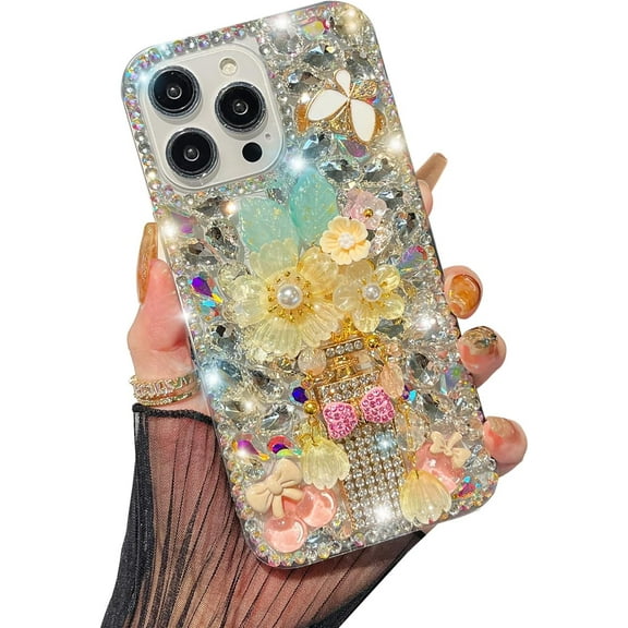 Compatible with iPhone 15 Pro Max Bling Case, Luxury Glitter Rhinestone Diamond Crystal Sparkle Rose Flower Pearl Floral Perfume Bottle Bow Soft Bumper Protective Case Cover for Women Girls