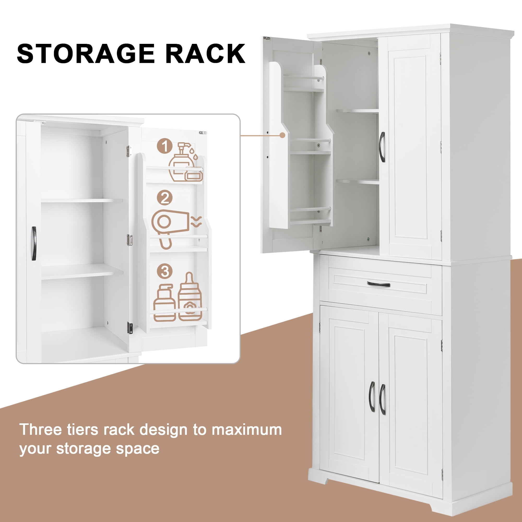 MAYEERTY Bathroom Cabinet Doors Drawer Multiple Storage Adjustable Shelf White
