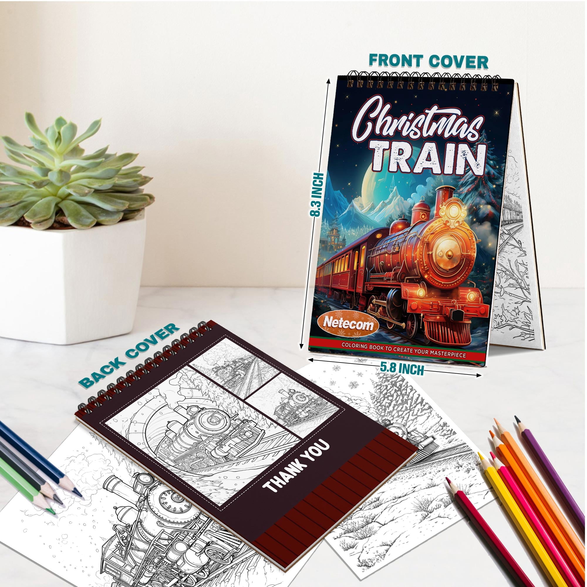 Netecom Christmas Train Coloring Book Spiral Bound for Adults, A5 Wooden Cover, 30 Enchanted Coloring Pages of Stunning Christmas Train for Stress Relief and Relaxation