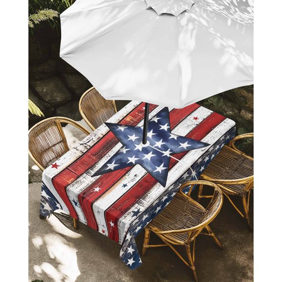 Outdoor Tablecloth with Umbrella Hole, Independence Day Vintage USA Flag Zippered Table Cloth for Rectangle Tables, Star Stripe on Wood Plank Washable Waterproof Tablecloths for Picnic Patio Garden
