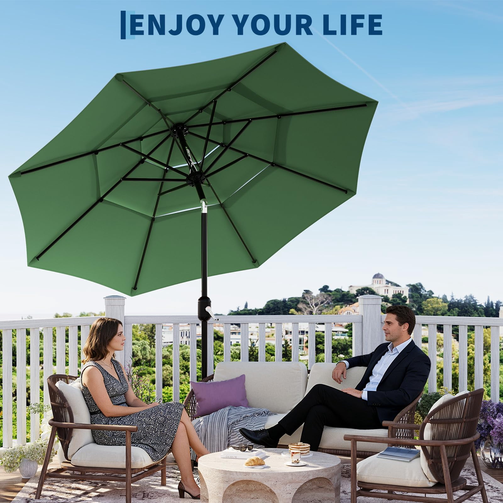 QinaQin Vented Patio Umbrella,8 Sturdy Ribs,Easy Crank & Tilt,Outdoor Market Table Parasol,Dark Green