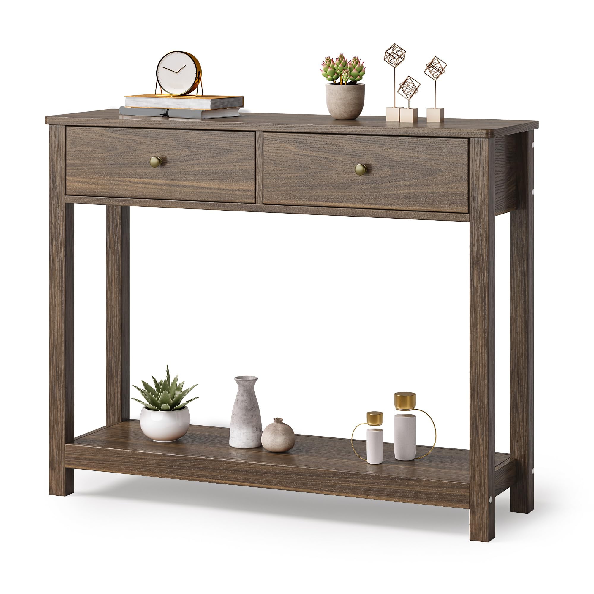 Aiho Console Table 39" with Drawers, Wood Entryway Table Hallway Table with Open Storage, Sofa Table for Living Room, Foyer and Corridor - Retro
