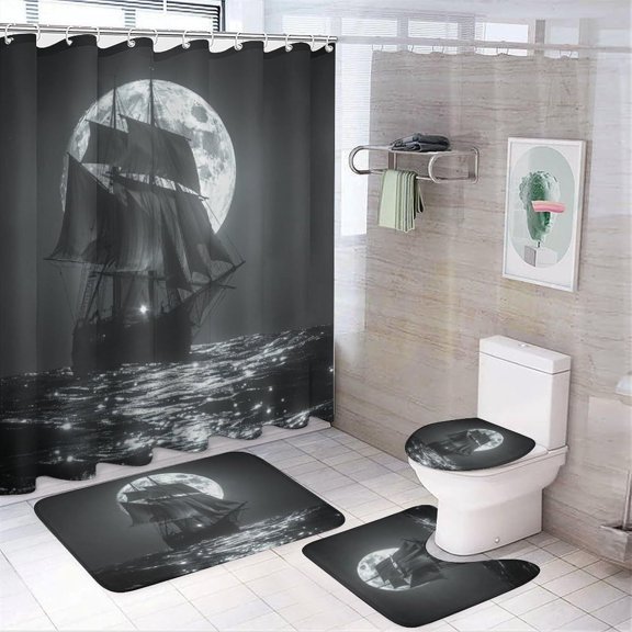 Vintage Nautical Full Moon Shower Curtain Set Bathroom Set Decorative Vintage Mid Century Ocean Theme Full Moon Pirate Ship 4 Piece Shower Curtain, Toilet Cover, U-Mat, Floor Mat