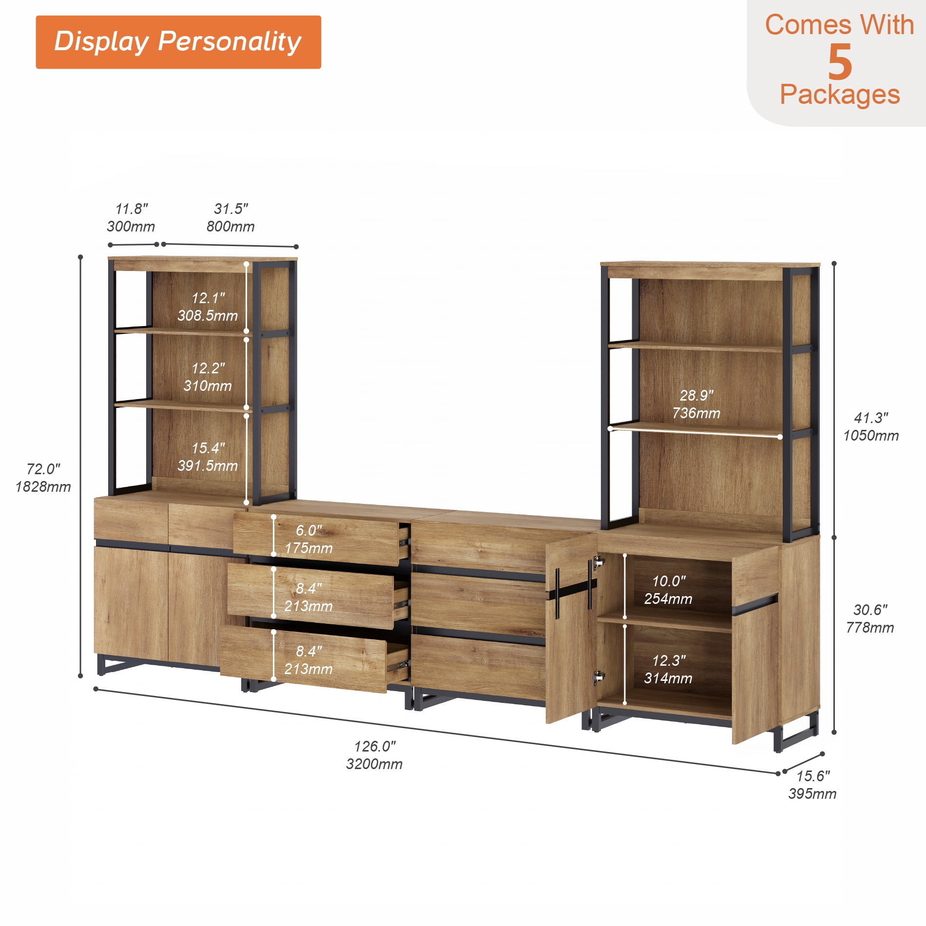 WAMPAT 4 PCS 72" Tall Modern Bookcase with 6 Drawers & Adjustable Shelves, Library Bookshelf with Storage Cabinet & Open Shelving, Freestanding Bookcases for Home Office, Living Room, Oak