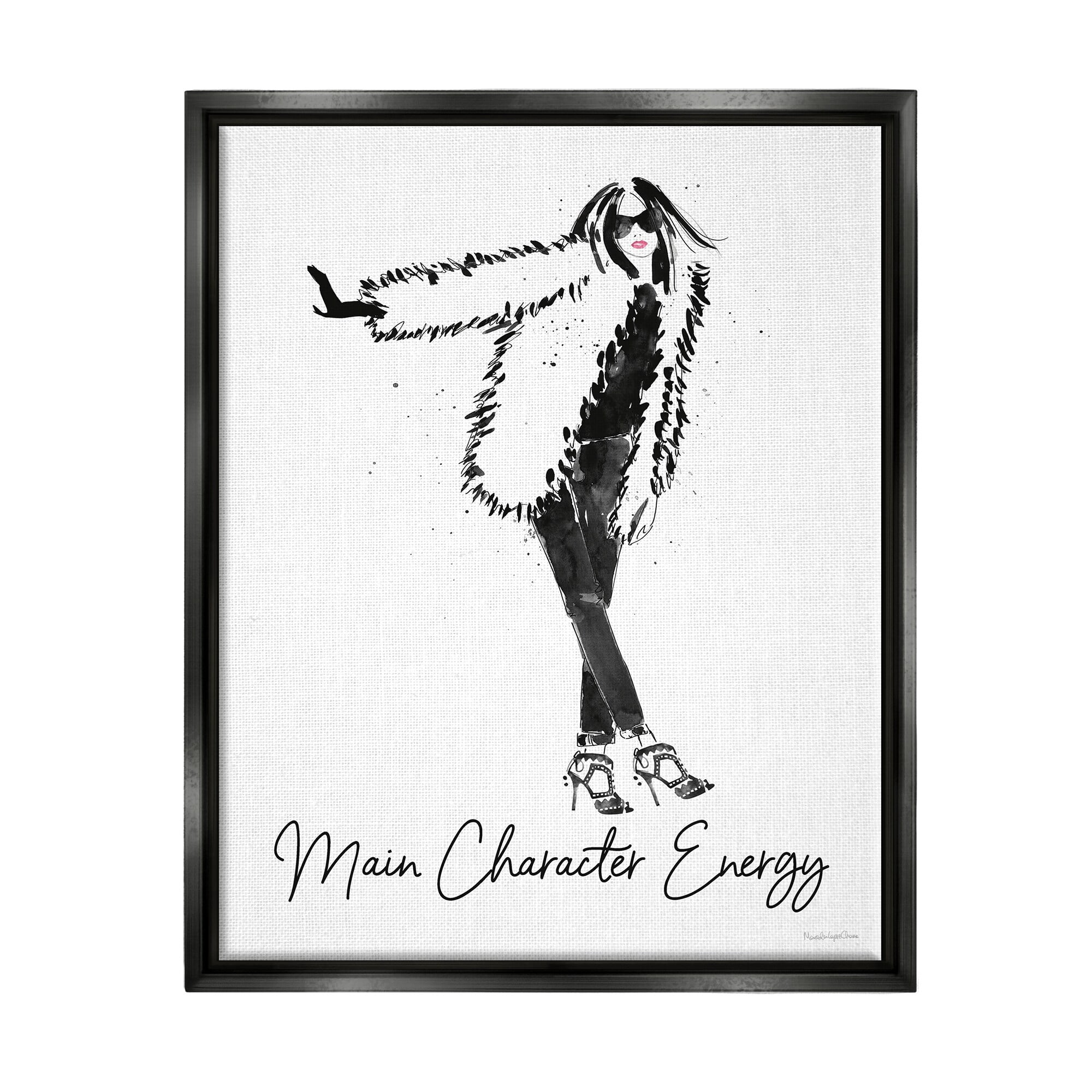 Stupell Industries Glam Main Character Energy Chic Fashion Woman Graphic Art Jet Black Floating Framed Canvas Print Wall Art, Design by Mercedes Lopez Charro
