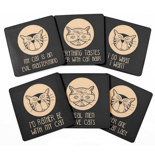 Inkdotpot Ensemble de 6 sous-Verres Faciles à Nettoyer 4 Pouces Carrés-Réutilisables - Citations Chat