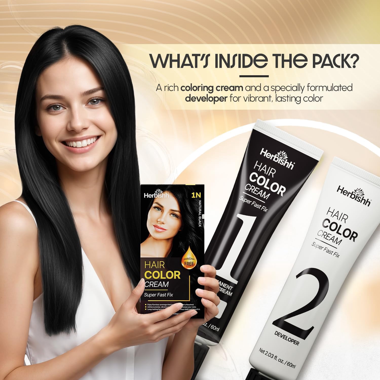 Herbishh Rapid Infusion Hair Color Cream – 1N Natural Black Hair Dye Permanent One Minute with Comb Applicator, Hair Color for Gray Hair Coverage, Ammonia-Free, Patented Korean Technology, 2.03 fl. O