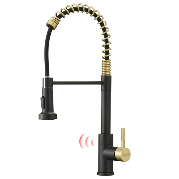 ANGELES HOME Touchless Kitchen Faucet with Pull Down Sprayer, Motion Sensor Smart Hands-Free Activated Single Hole Spring Faucet for Kitchen Sink, Matte Black&Brushed Gold