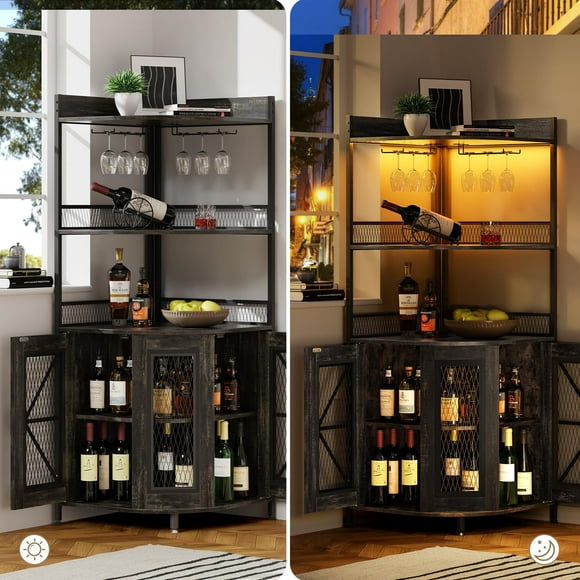 GloryStar 5-Tiers Corner Bar Cabinet with Power Outlet,64.2'' Industrial Tall Wine Cabinet with LED Lights&Glass Holder