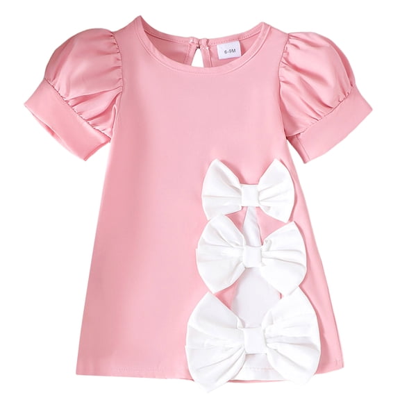 YDFCWXW Girl's Bow Short Dress Cute Ruffle Short Sleeve Casual Birthday Party Flowy Dresses (6-9 Months, Pink)