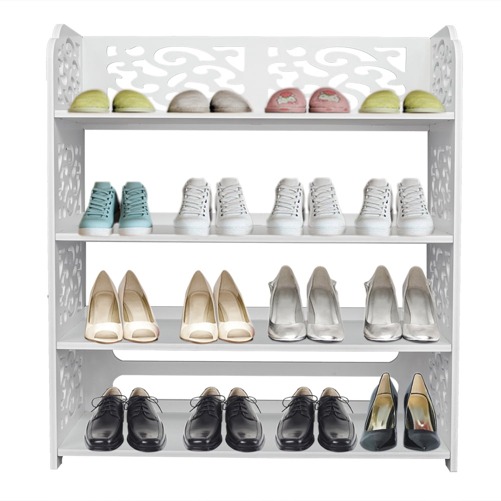 Kepooman 4 Tiers Wood-plastic Board Carved Shoe Rack, White B Kepooman 4 Tiers Wood-plastic Board Carved Shoe Rack, White B
