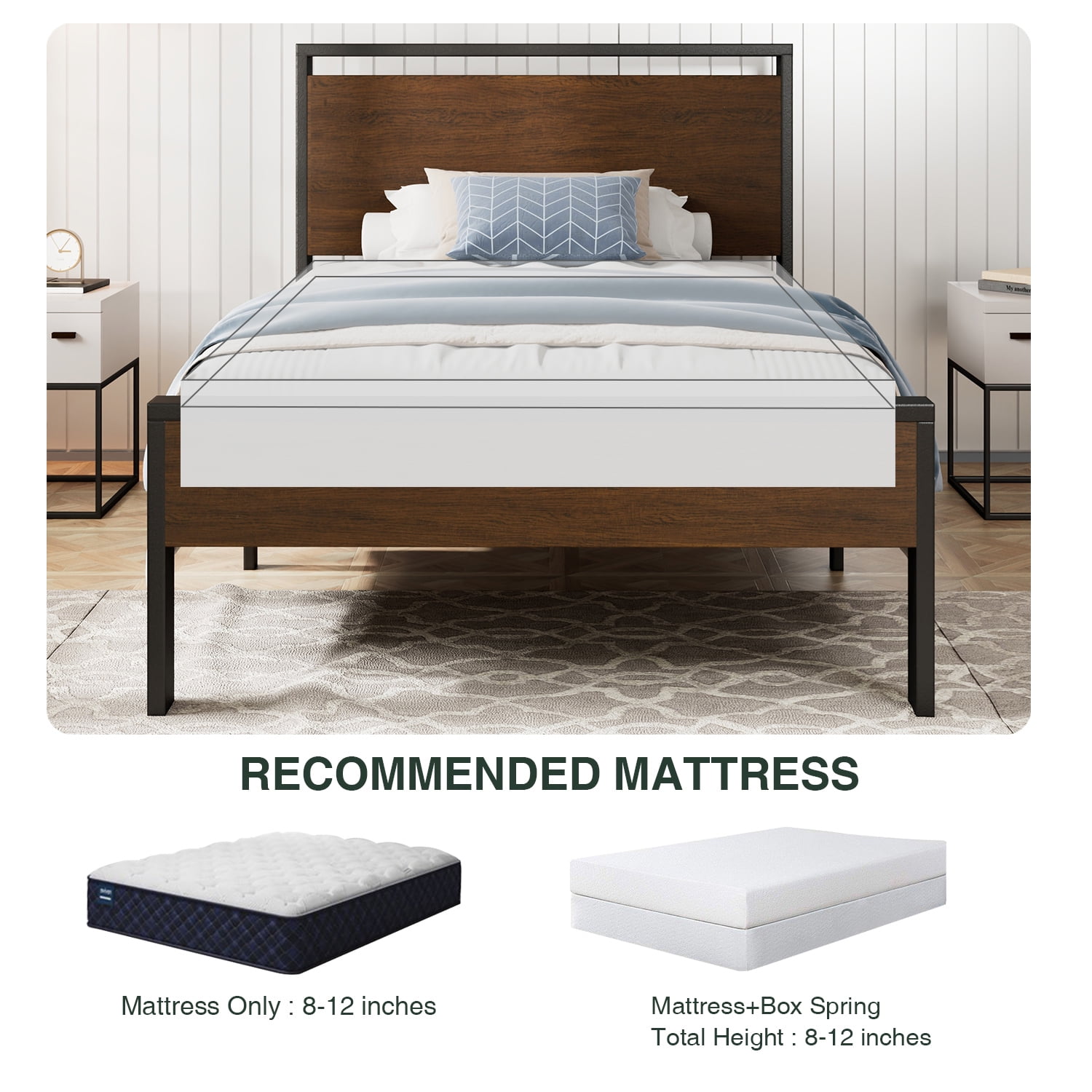 Amolife Twin Size Bed Frame, Heavy Duty Metal Platform Bed with Wooden Headboard & Footboard, No Box Spring Needed, Walnut