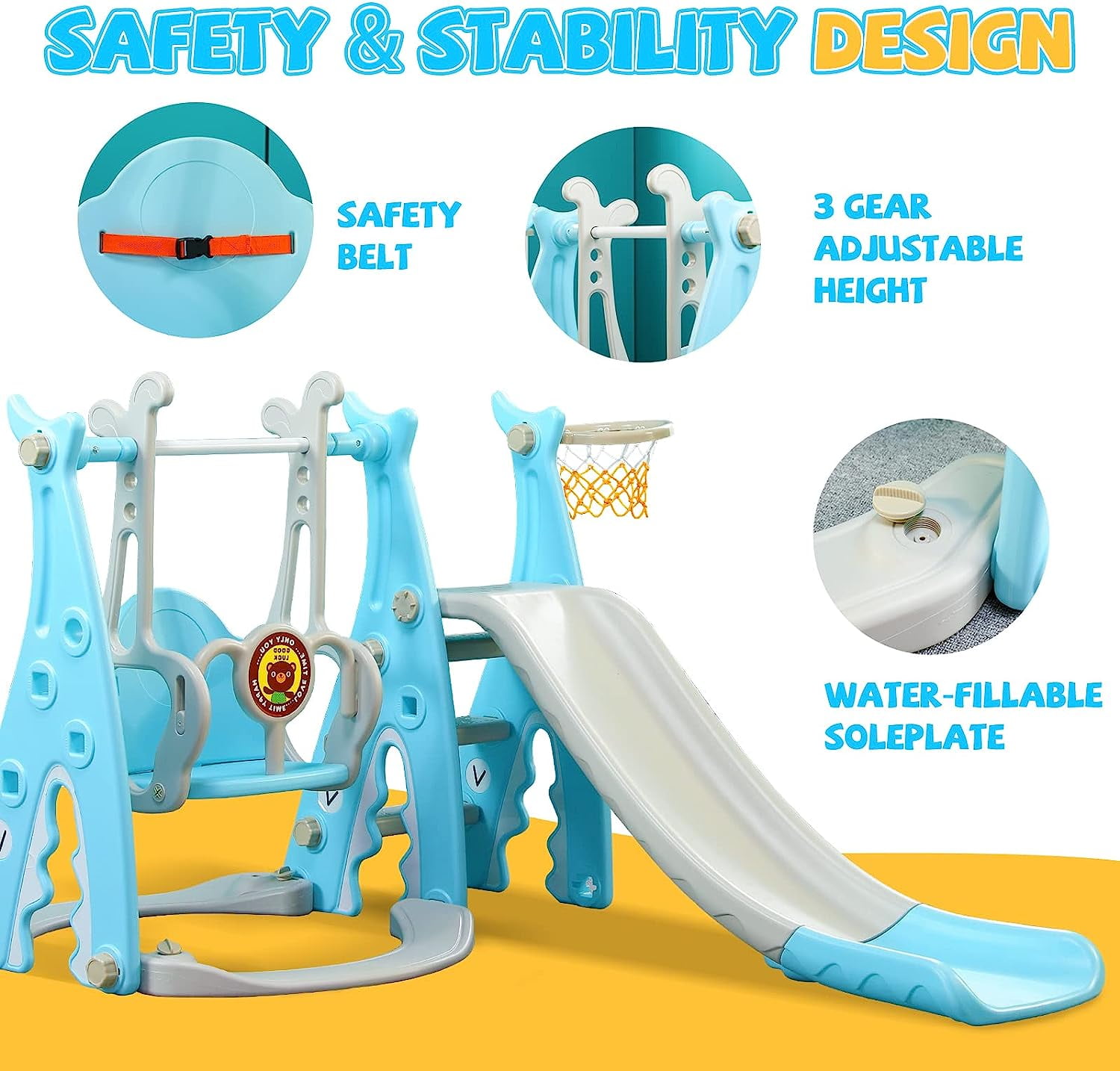 Ealing Slide and Swing Set for Toddlers Age 1-3,4 in 1 Indoor Outdoor Baby Swing Toys Playset with Basketball Hoop,with Safety Belt ,Extra Long Slide 53.1  in,Blue