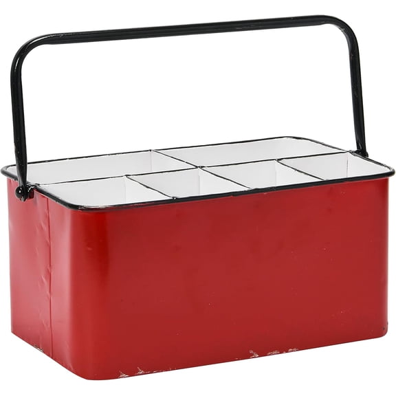 Farmhouse Storage Caddy with Handle, 6 Compartments Metal Organizer for Kitchen, Bathroom or Office in Distressed Red and White