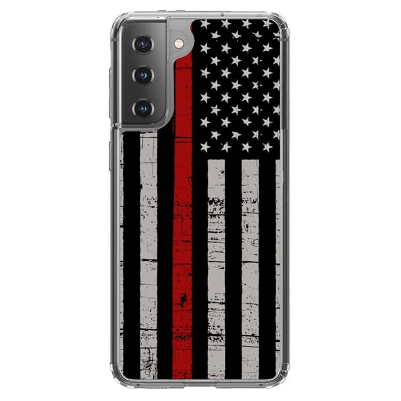 DistinctInk Clear Shockproof Hybrid Case for Galaxy S21  PLUS 5G (6.7" Screen) - TPU Bumper, Acrylic Back, Tempered Glass Screen Protector - Weathered Thin Red Line US Flag - First Responders