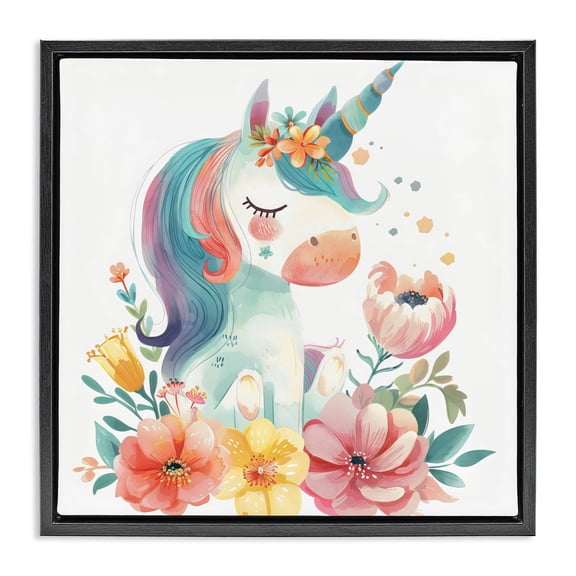 Stupell Industries Whimsical Unicorn with Blossoms Black Framed Floater Canvas Wall Art, design by Creative Studio