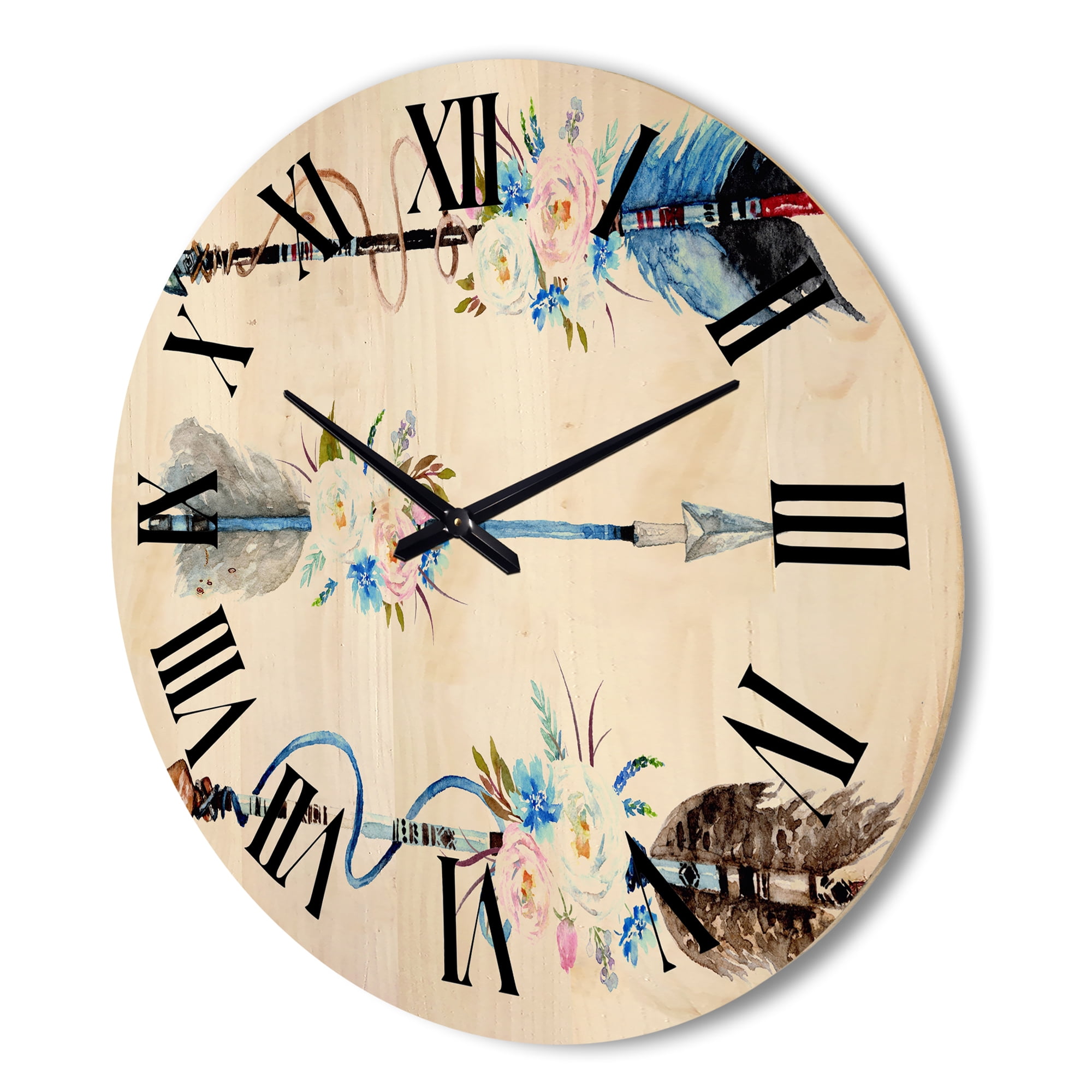 Designart 'Flowers and Ethnic Feathers On Native Arrows I' Bohemian & Eclectic Wood Wall Clock