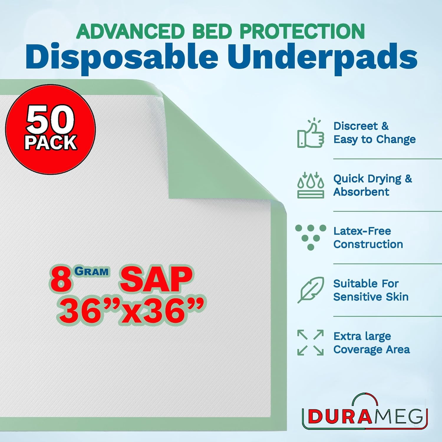 Chucks Disposable [50-Pads] Underpads 36x36 Incontinence Chux Pads - 8g Super Absorbent Polymer Protective Bed & Pee Pads for Babies, -, Adults & Elderly | Puppy Pads Large for Training Leak Proof