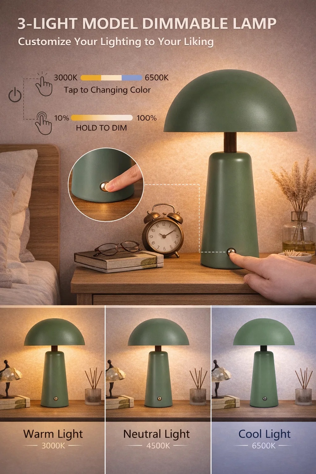 BETTER HOMES & GARDENS 12″ GREEN DOME RECHARGEABLE LED PORTABLE LAMP WITH DIMMABLE TOUCH SENSOR