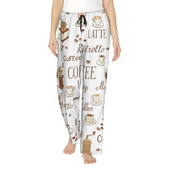 Logiee Coffee Print Women Pajama Pants,Comfy Pj Bottom with Pockets & Drawstring,Stretch Casual Sleepwear-Small