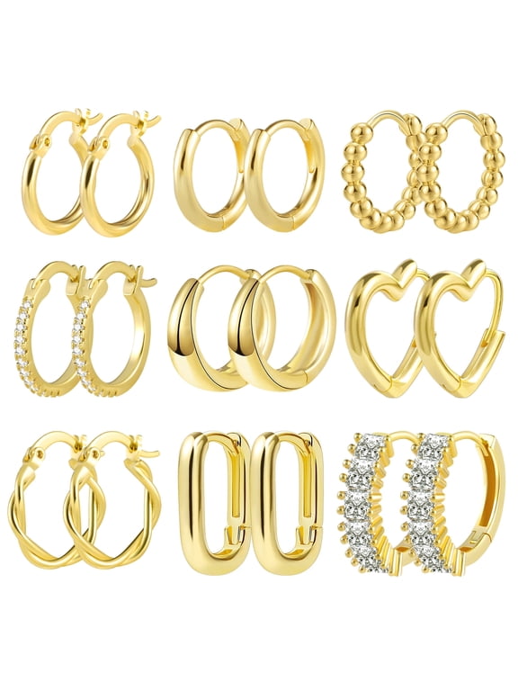 14K Gold Plated Hypoallergenic Small Hoop Earrings Set, Chunky Huggie Stackable Earrings for Women