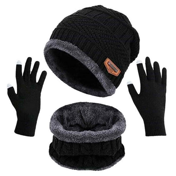 Gorro de punto de invierno, conjunto de bufanda cálida y guantes para pantalla táctil, 3 gorros con forro de lana para hombres y mujeres
