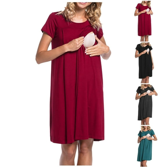 pstuiky Womens Maternity Dress Summer Solid Color Drop Shoulder Mid-Length Dress Casual Slim Fit Short Sleeve Sundress Pregnancy Clothes