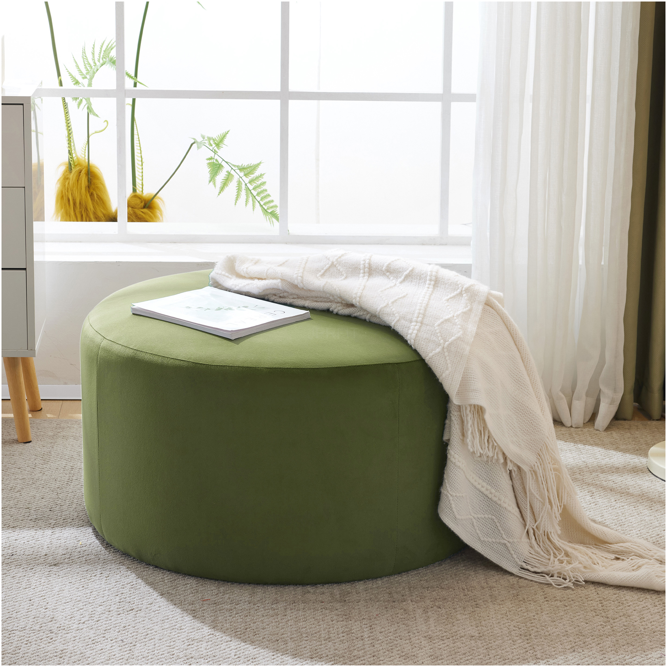 JERFIT Round Velvet Ottoman Pouf Footrest, Olive Green Velour Tufted Storage Stool for Living Room, Modern Accent Seating