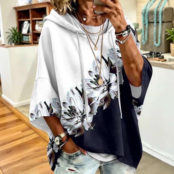 Womens 3/4 Sleeve Hoodies Retro Floral Pattern Oversized Pullover Hooded Sweatshirt Trendy Fall Outfits Casual Drawstring Hooded Tops