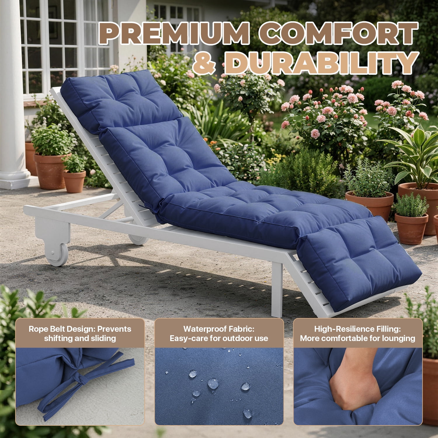 BaPiPro All-Weather Outdoor Chaise Lounge Cushion, Secure-Tie Patio Recliner Cushion with Plush PP Cotton Support for Patio, Poolside & Balcony, Navy Blue