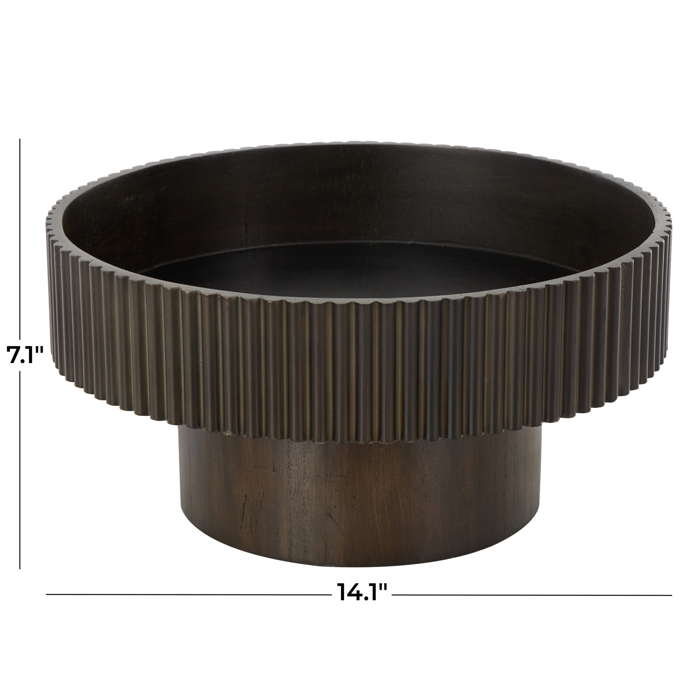 DecMode 14" Round Ribbed Dark Brown Wood Decorative Bowl with Elevated Base