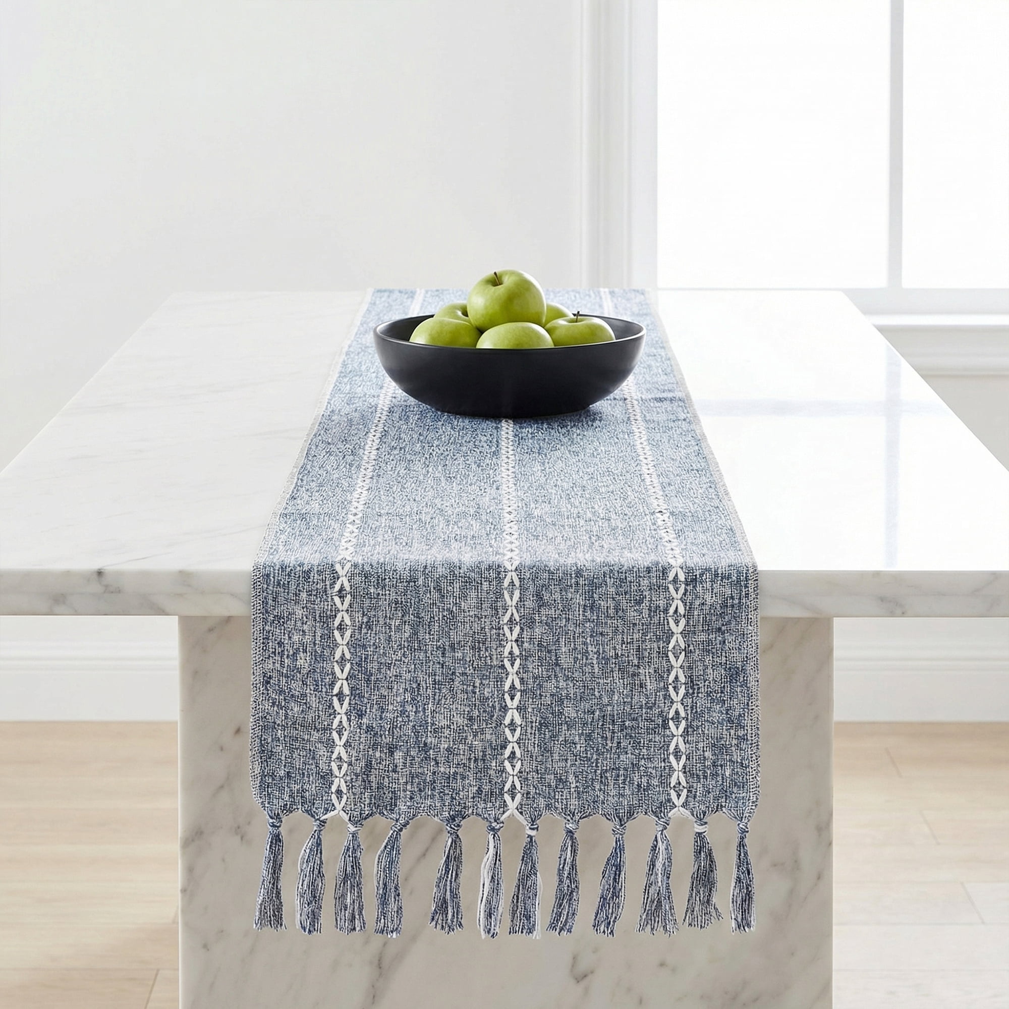 Unique Bargains Washable Polyester Kitchen Runner with Tassel for Dining Blue 13"x72"