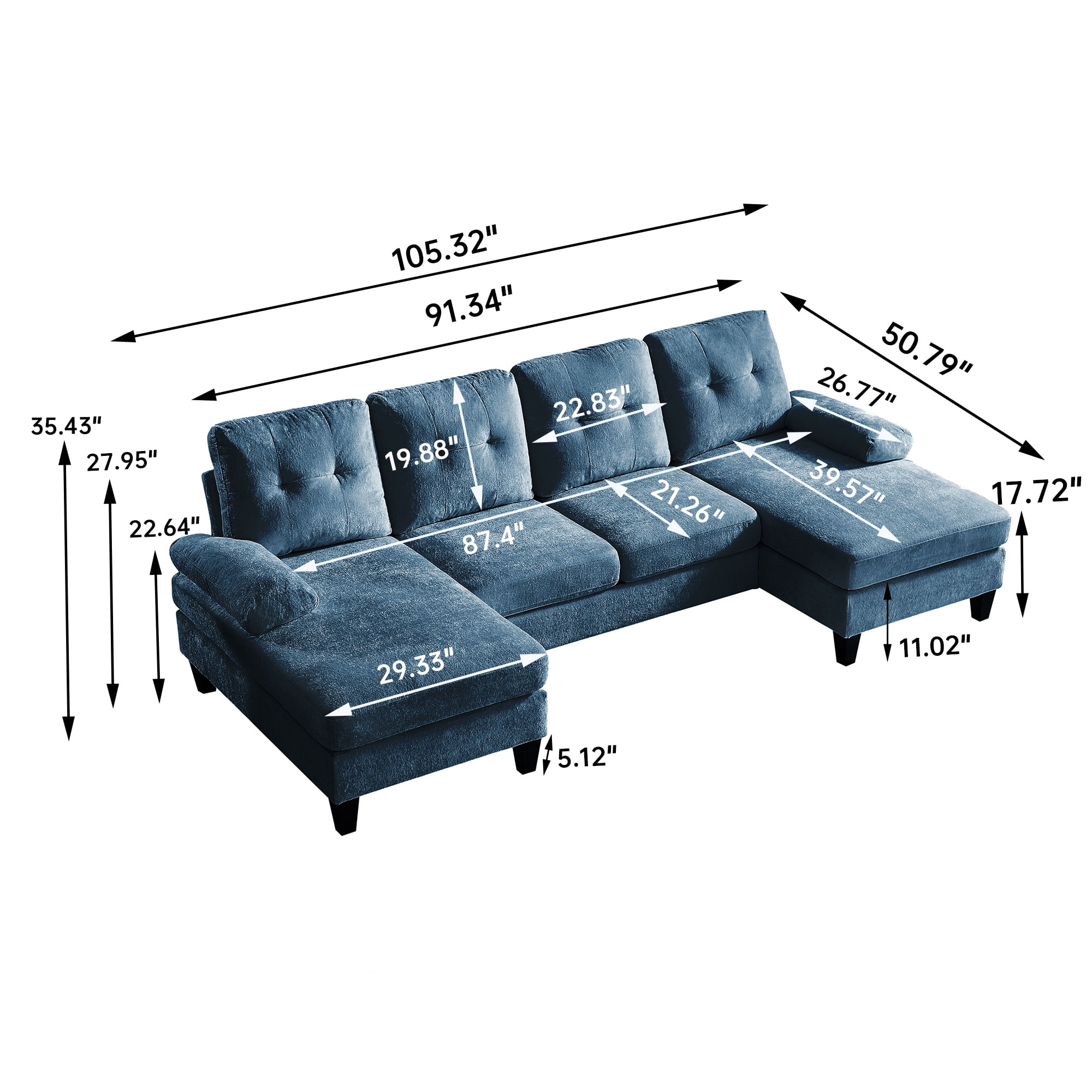 Soscana 105" Sectional Sofa U Shaped Couch with Double Chaise, Modern Chenille Sofa Oversized 4 Seater Couch for Living Room, Apartment, Office, Studio