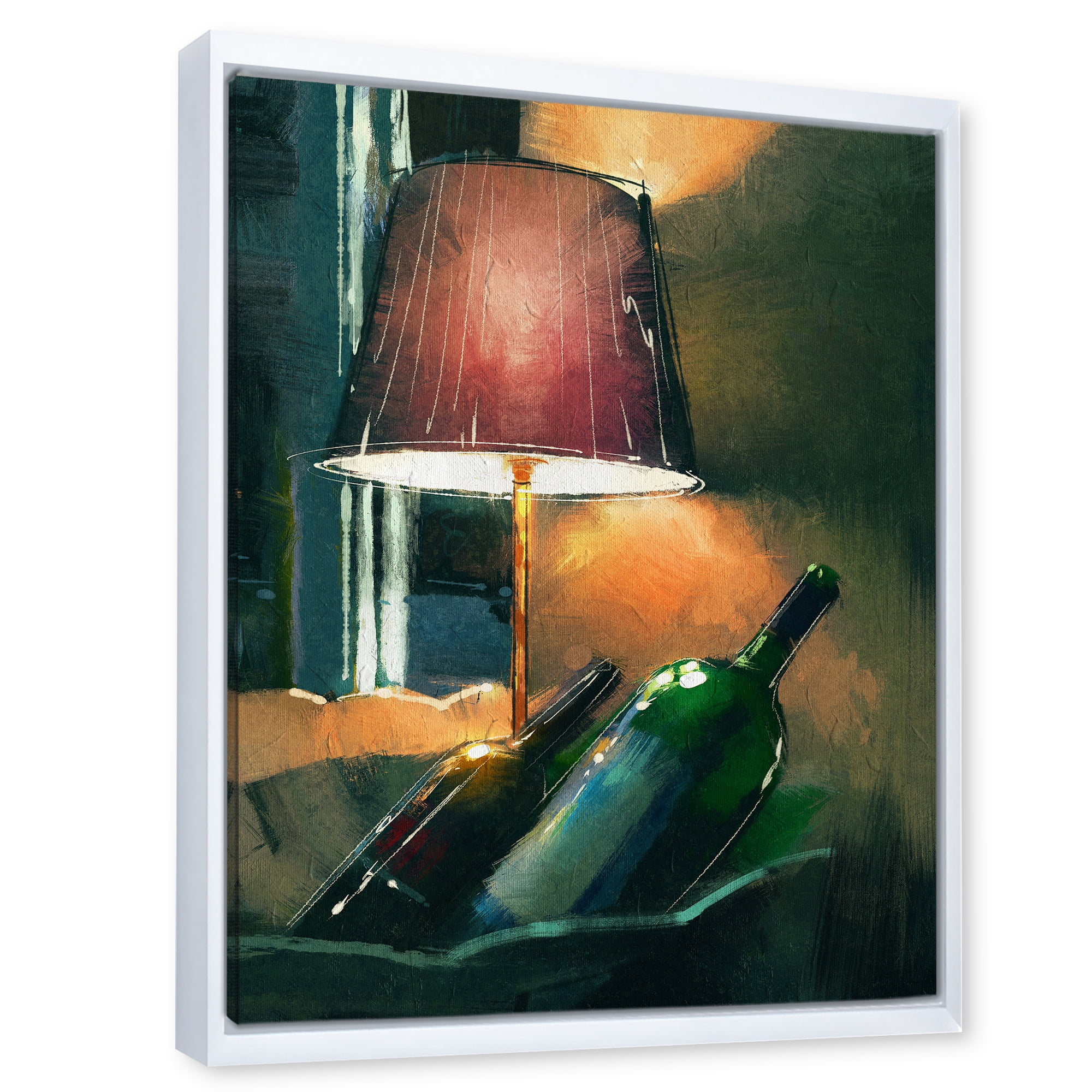 Lamp Glowing Orange In The Night and Wine Bottles 30 in x 40 in Framed Painting Canvas Art Print, by Designart